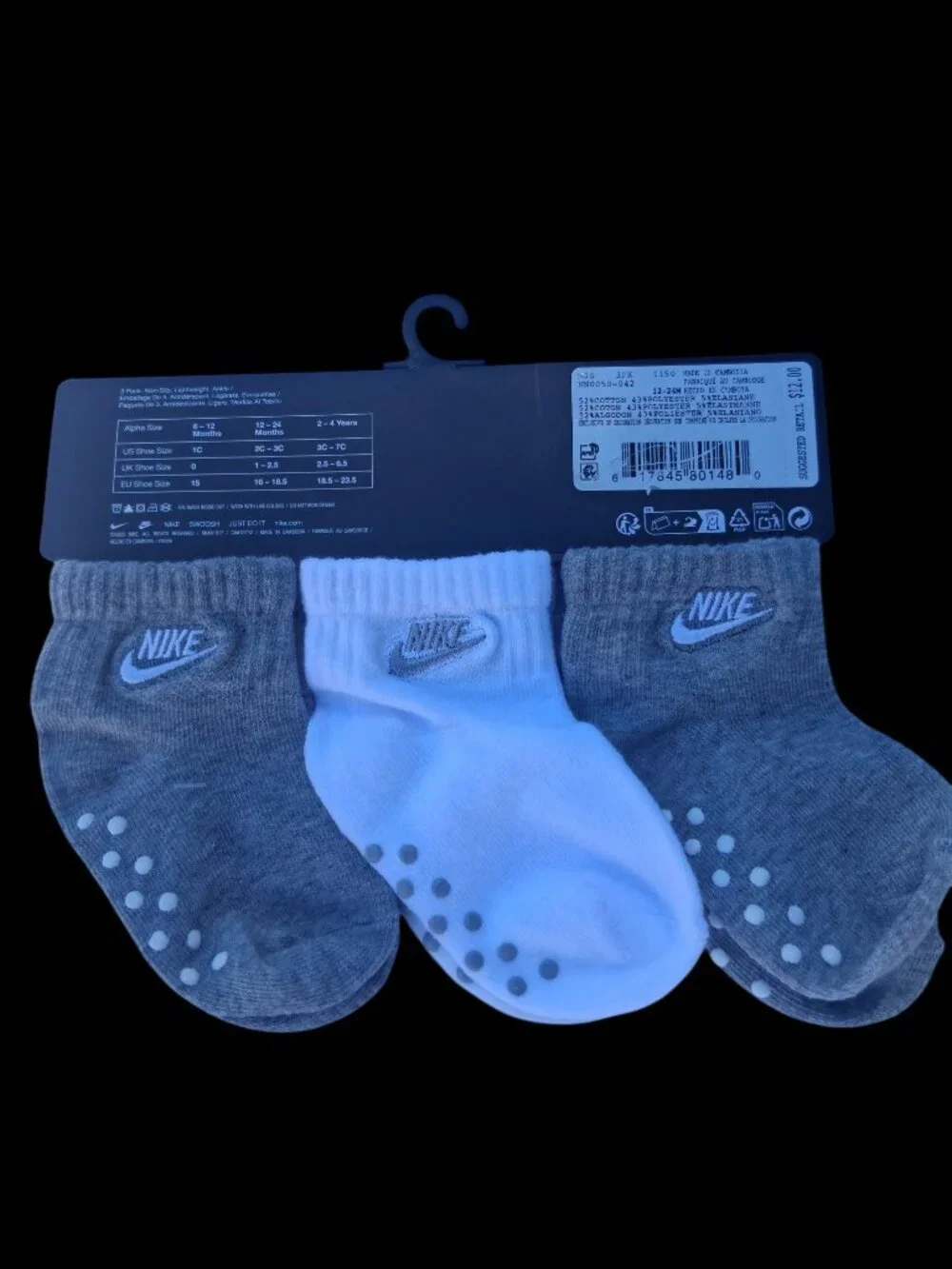 NWT Nike 3-Pack Non-Slip Grip Ankle Socks 12-24 Months Gray & White